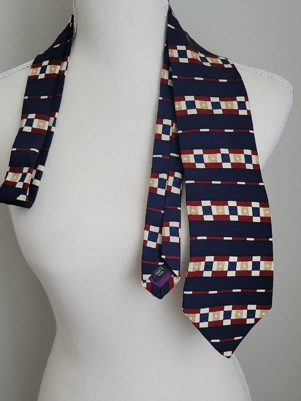 Vintage Perry Ellis Portfolio Silk Tie Blue With Red & Cream  Geometric Blocks